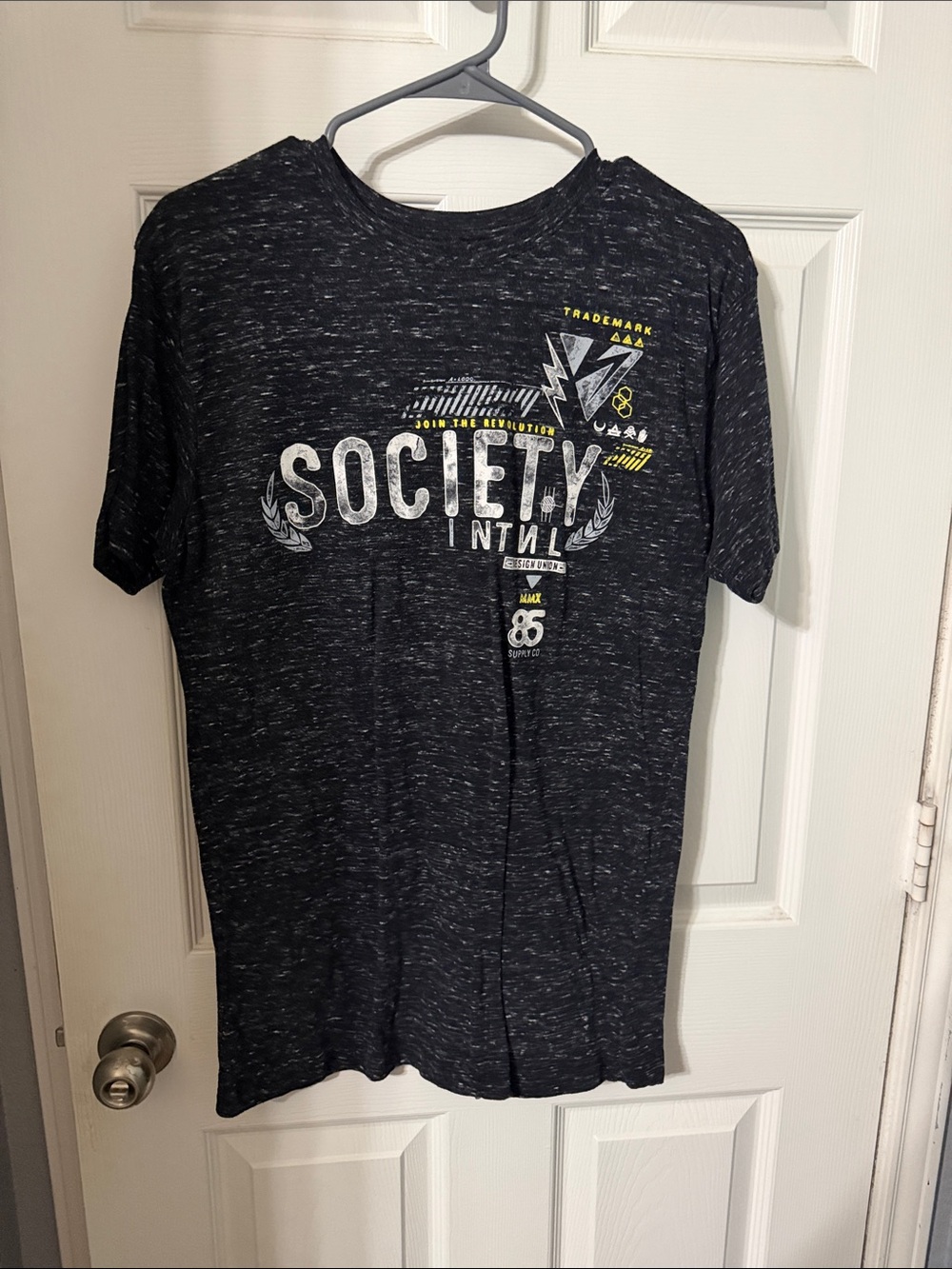 Society Black Heather Graphic Crewneck Tee with Yellow Accents